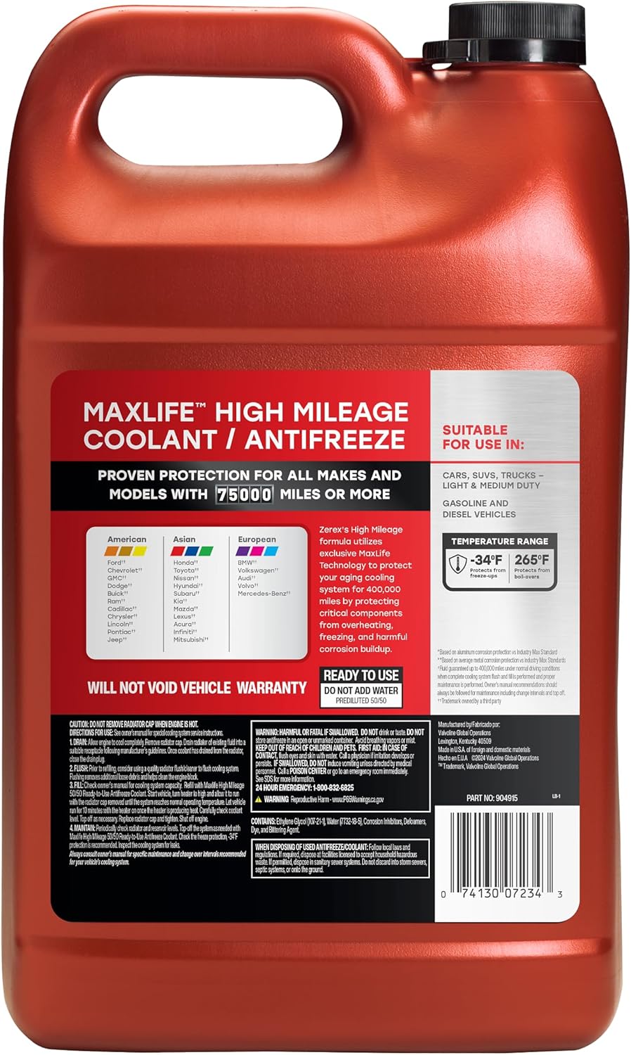 Zerex MaxLife High Mileage Multi-Vehicle 50/50 Ready-to-Use Antifreeze Coolant 1 Gallon (Pack of 6)