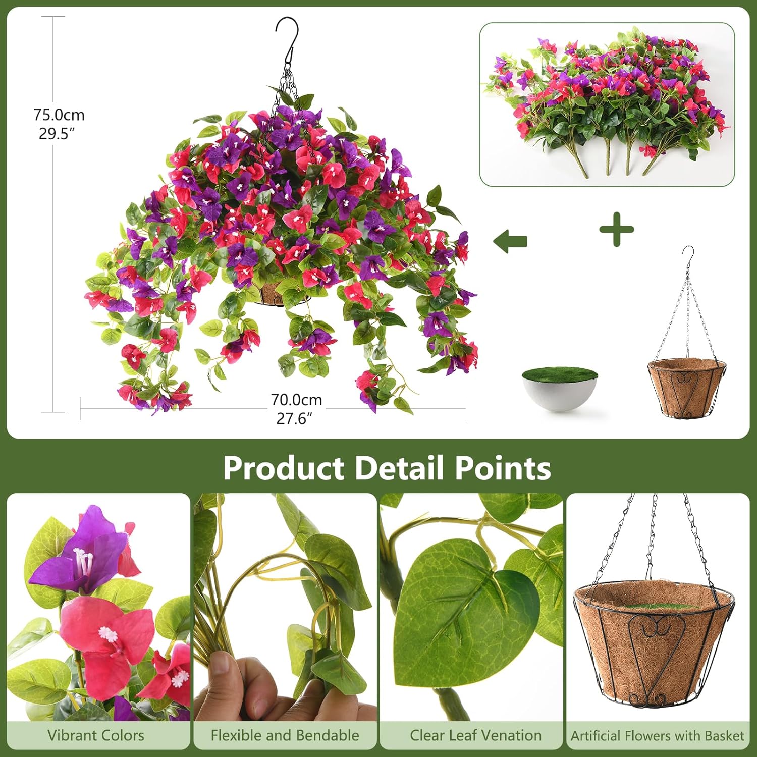 Homsunny Artificial Fake Hanging Flowers Plants Basket for Outdoor Decoration, Faux Silk Flower Bougainvillea Planter Look Real UV Resistant for Home Porch Patio Balcony Yard Spring Decor(Mix Pulple) - Image 3