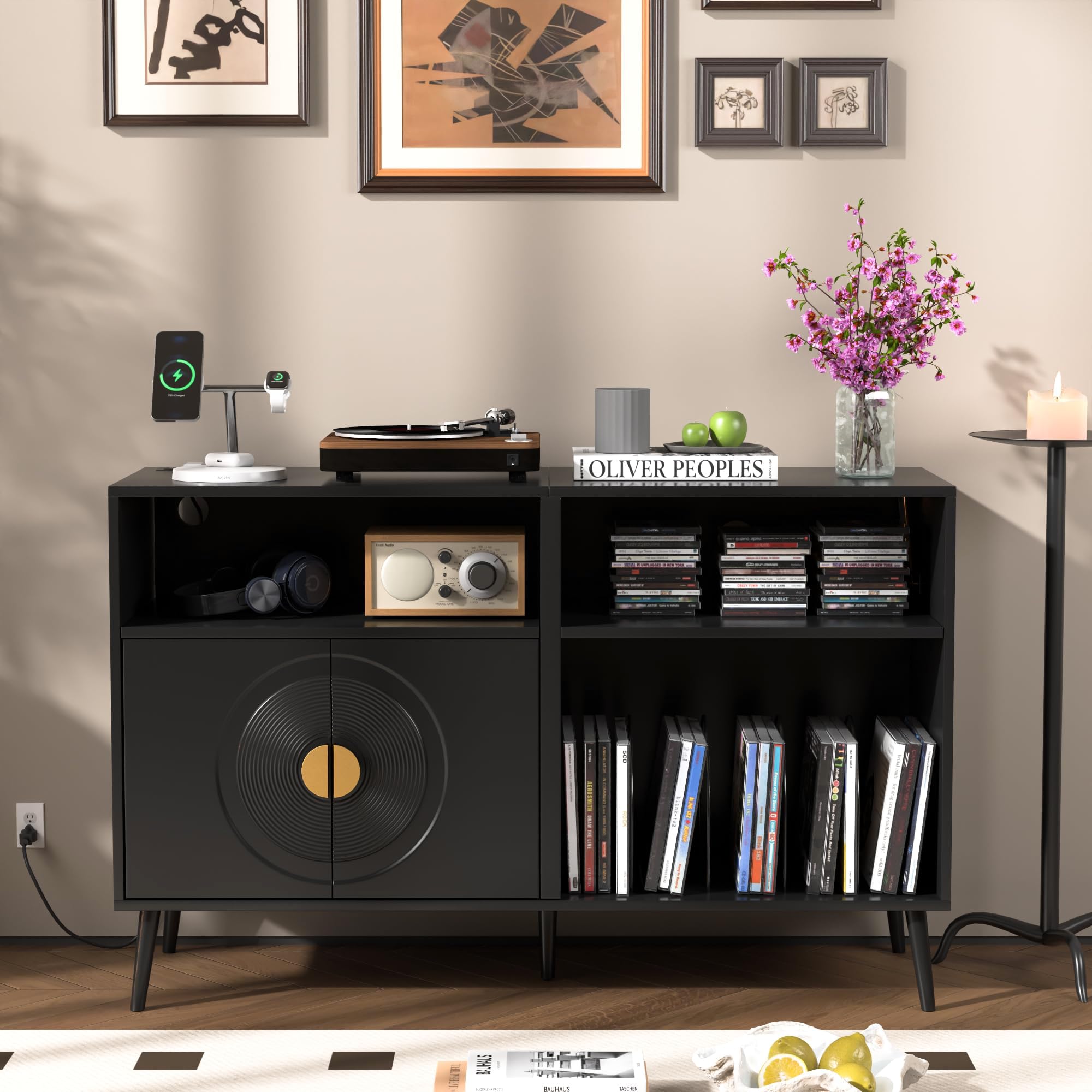 Large Record Player Stand, Mid Century Turntable Stand with Door, Record Player Table Holds Up to 350 Albums,Vinyl Display Shelf for Living Room