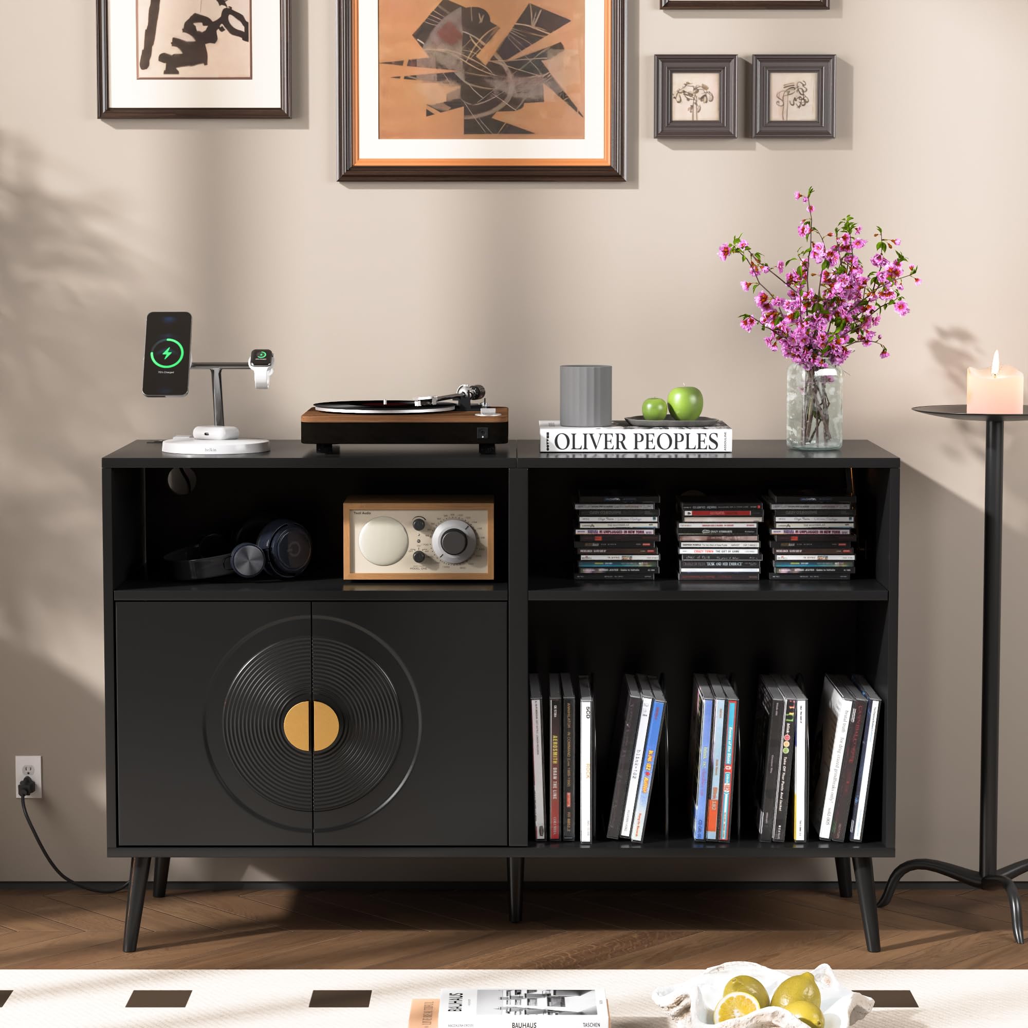 Large Record Player Stand, Mid Century Turntable Stand with Door, Record Player Table Holds Up to 350 Albums,Vinyl Display Shelf for Living Room
