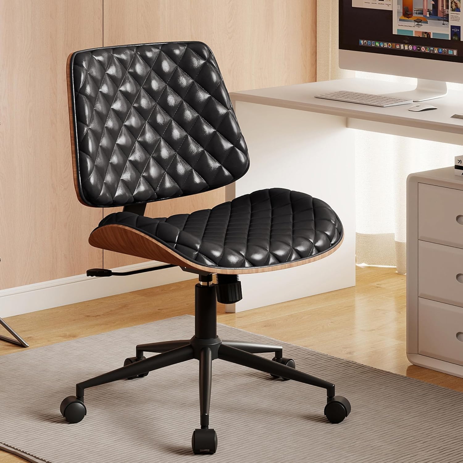 Furnimart Heavy-Duty Wood Office Chair 360° Swivel, Faux Leather Small Desk Chair with Thick Padded Seat, Armless Cute Task Chair for Home Office, Vanity, Small Spaces(PU Black)