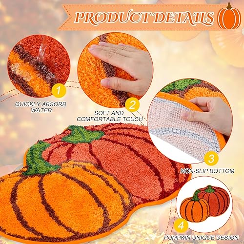 Miniatura 4 de Cindeer 2 tapetes de baño con forma de calabaza de Acción de Gracias, tapete de baño con forma de calabaza de otoño, tapete de cocina