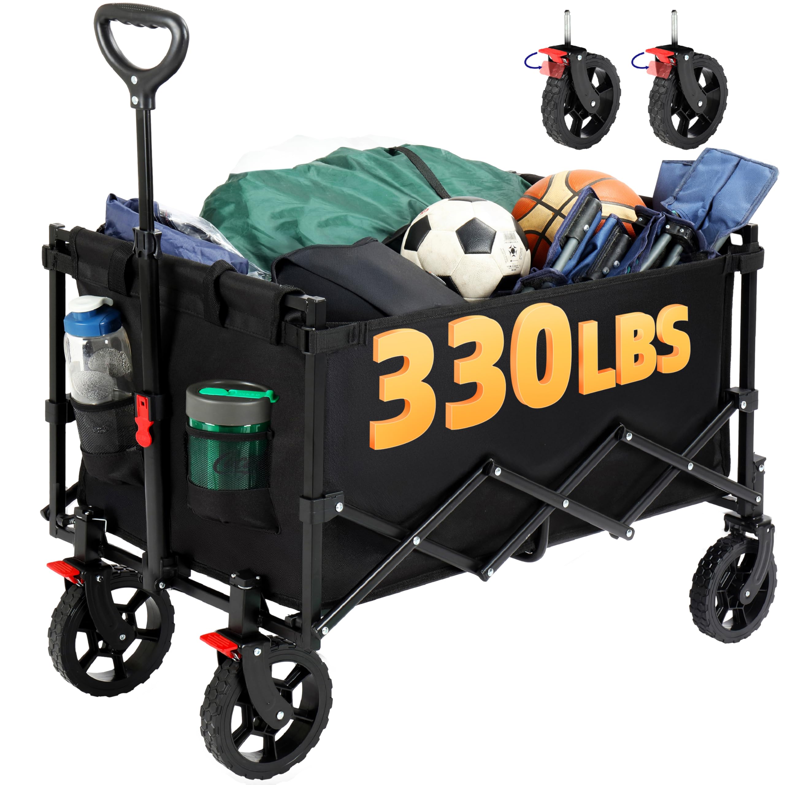 150L Folding Camping Trolley with Brake, Collapsible Festival Trolley with Removable Wheels, 150KGs Capacity with Drink Holders