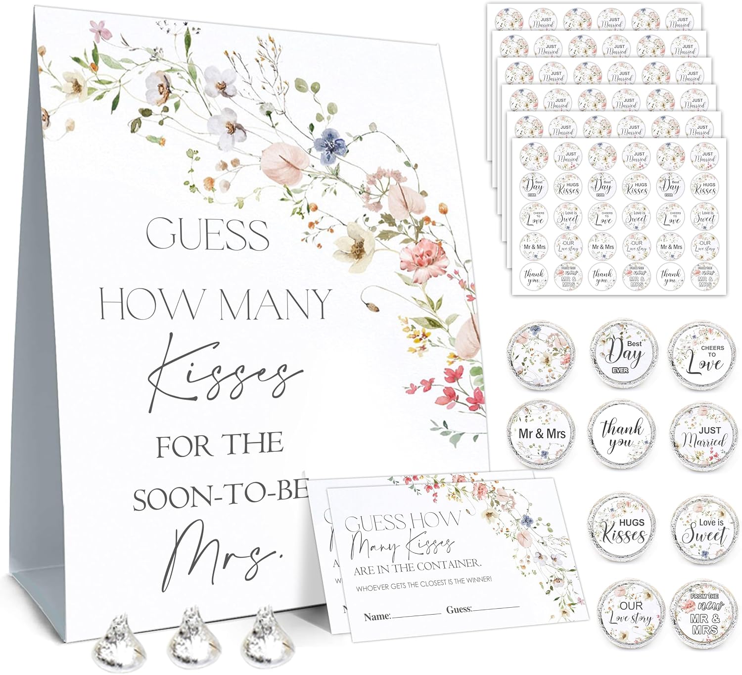 How Many Kisses Bridal Shower Games, How Many Kisses Standing Sign 50 Guessing Cards 180 Bridal Shower Kisses Stickers, How Many Kisses Flowers Bridal Shower Game Set for Bridal Shower and Weddings
