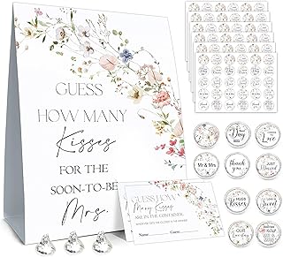 How Many Kisses Bridal Shower Games, How Many Kisses Standing Sign 50 Guessing Cards 180 Bridal Shower Kisses Stickers, How Many Kisses Flowers Bridal Shower Game Set for Bridal Shower and Weddings