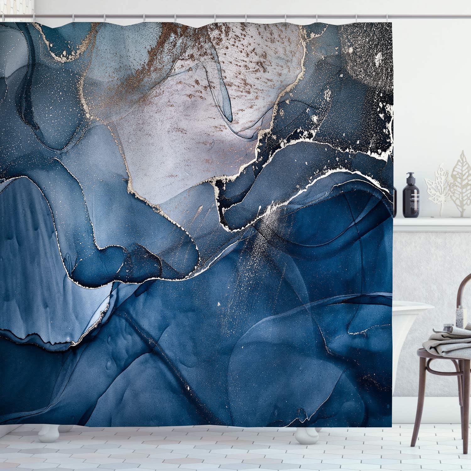 Blue Shower Curtain Marble and Gold Glitter Veins Shower