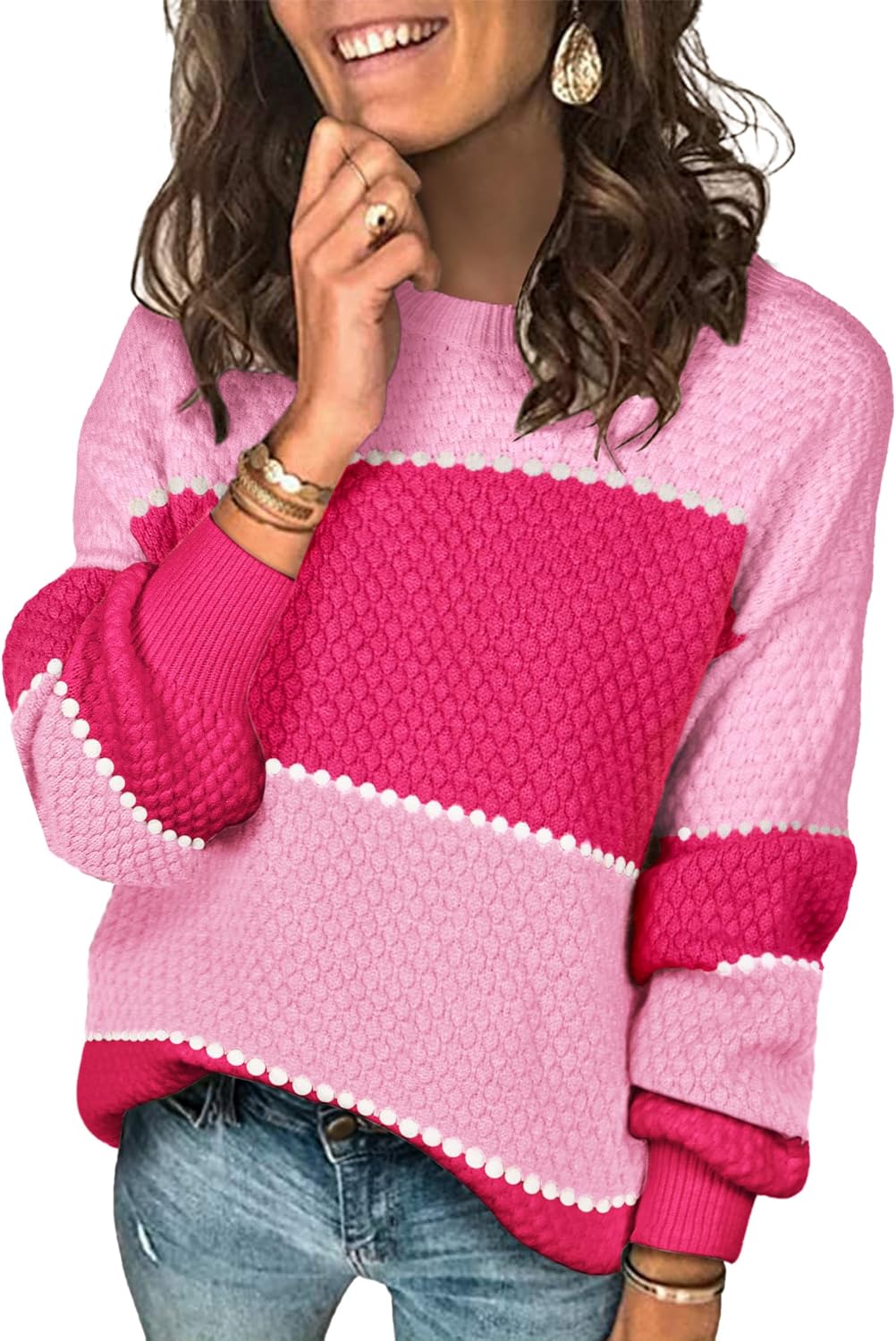 Angashion Women's Sweaters Casual Long Sleeve Crewneck Color Block Patchwork Pullover Knit Sweater Tops