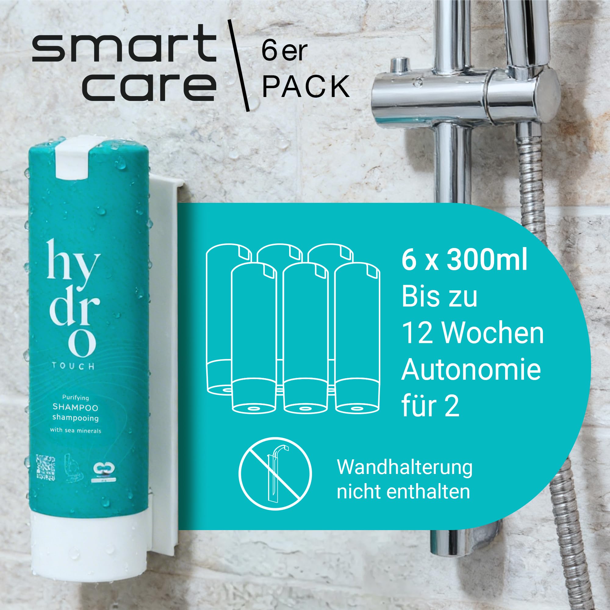 ADA Cosmetics Shampoo, Vitalisierende Haarpflege vegan mit Meeresmineralien u. Algenextrakt - Nachfüllpack für SMART CARE Wandhalterung Hydro Touch - Made in Germany – 6 x 300 ml