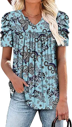 KISSMODA Tops for Womens Summer Cute Short Sleeve Shirts Trendy Notched Neck Blouses Casual Loose Pleated Tunics S-3Xl