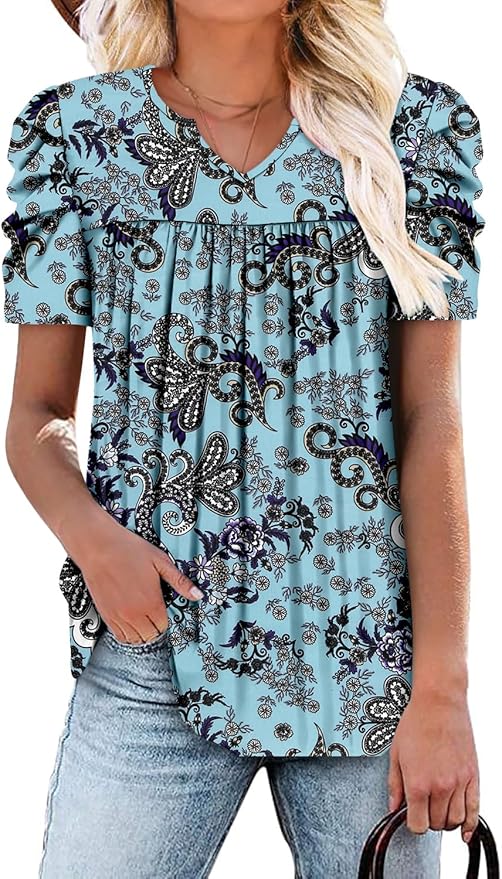 KISSMODA Tops for Womens Summer Cute Short Sleeve Shirts Trendy Notched Neck Blouses Casual Loose Pleated Tunics S-3Xl