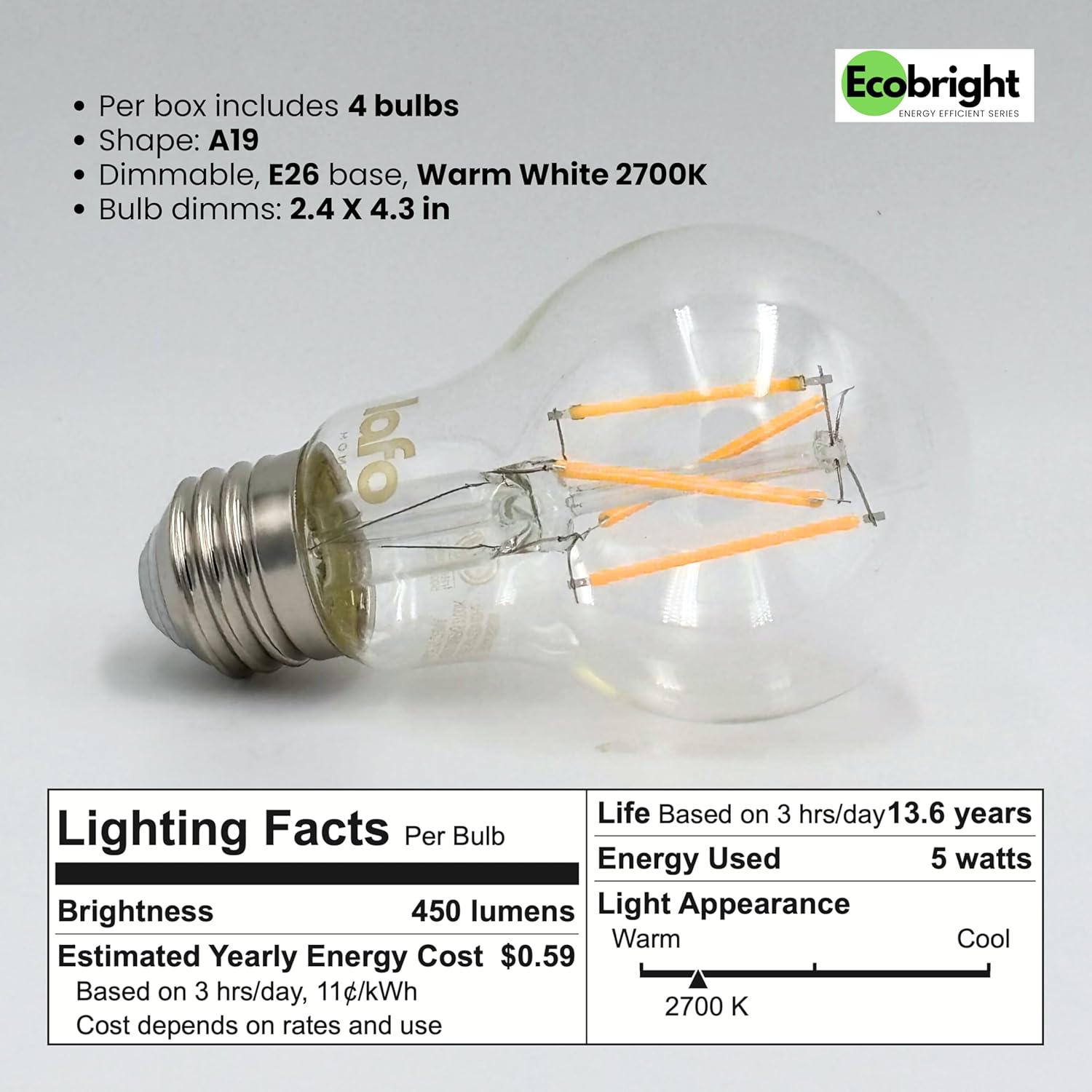 EcoBright 4PK Dimmable A19 LED Filament Bulb 40W Equivalent 5W E26 Base 450 Lumens CRI90 Flicker Free Clear Glass Energy Star Title 20 Warm White 2700K for Lamps Indoor Use