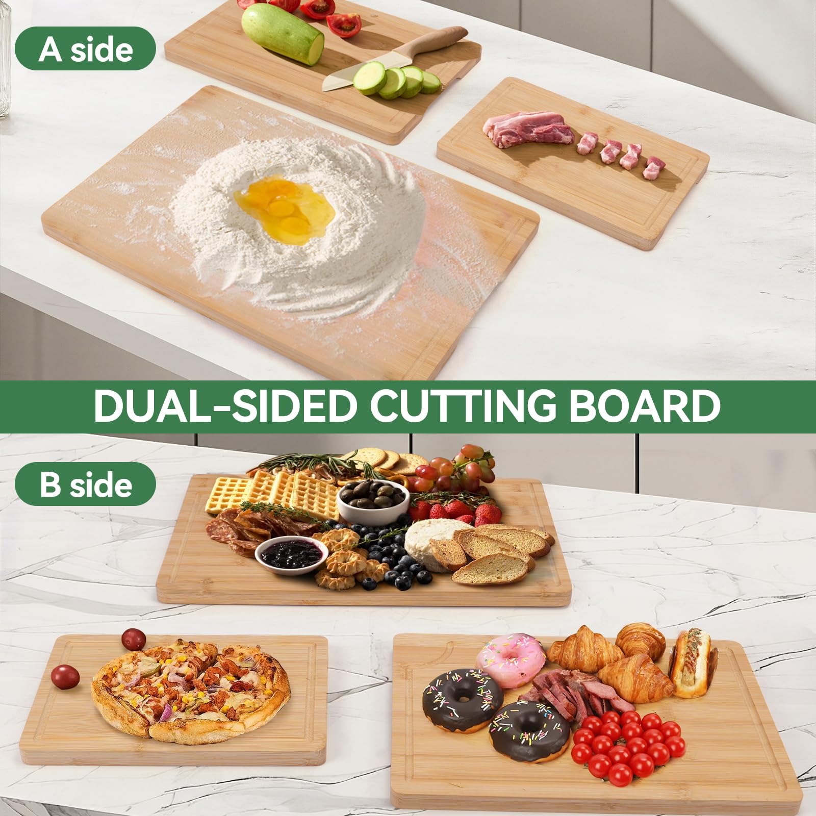 Juego de 3 Tablas de Cortar de Bambú para Carne, Jamón, Pan y Quesos