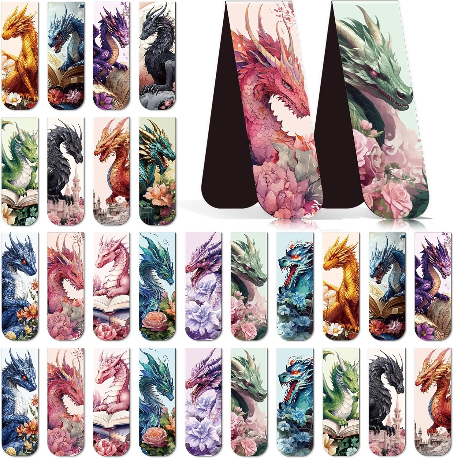 Cool Dragon Magnetic Bookmark – 30Pcs Flower Dragon Bookmarks Magnets Unique Animal Book Marks Page Magnets Marker Clip Gifts for Boys Teen Book Lovers Students Teacher Office School Supplies
