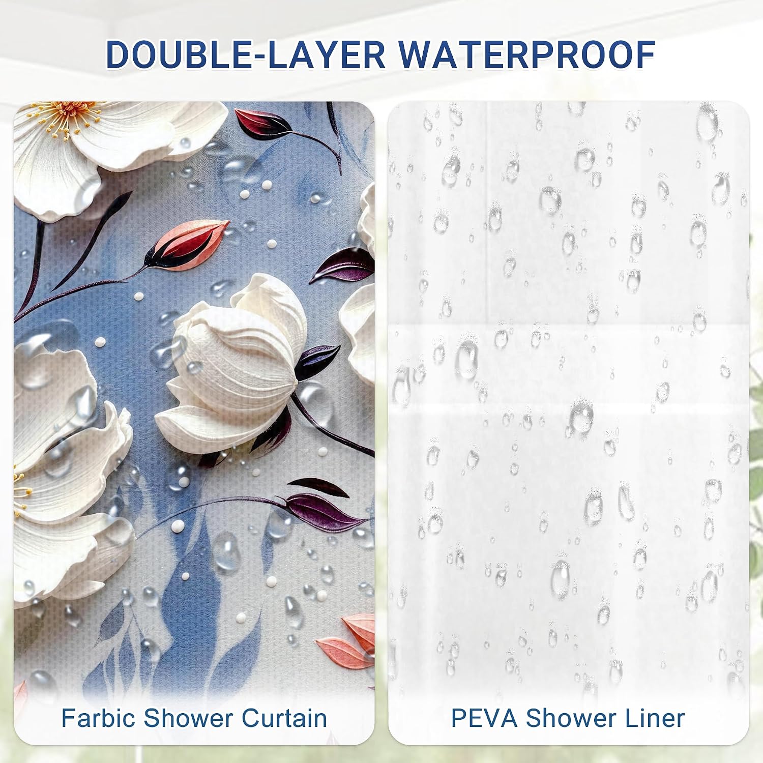 Chrainy 3 in 1 Double Layer Blue Floral Shower Curtain and Liner Set