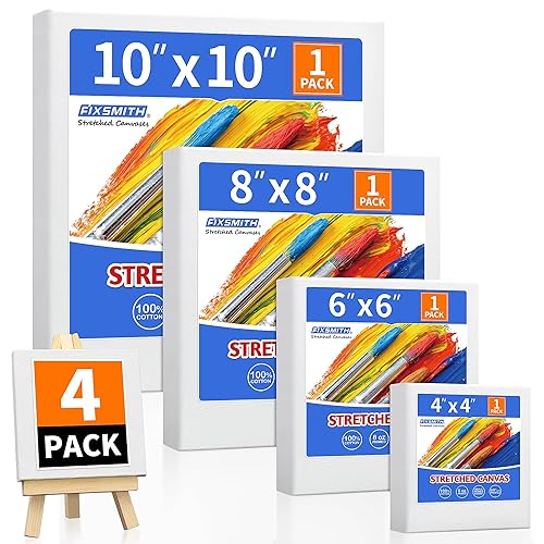 FIXSMITH Stretched Canvas for Painting, 4"x4", 6"x6", 8"x8", 10"x10", Pack
