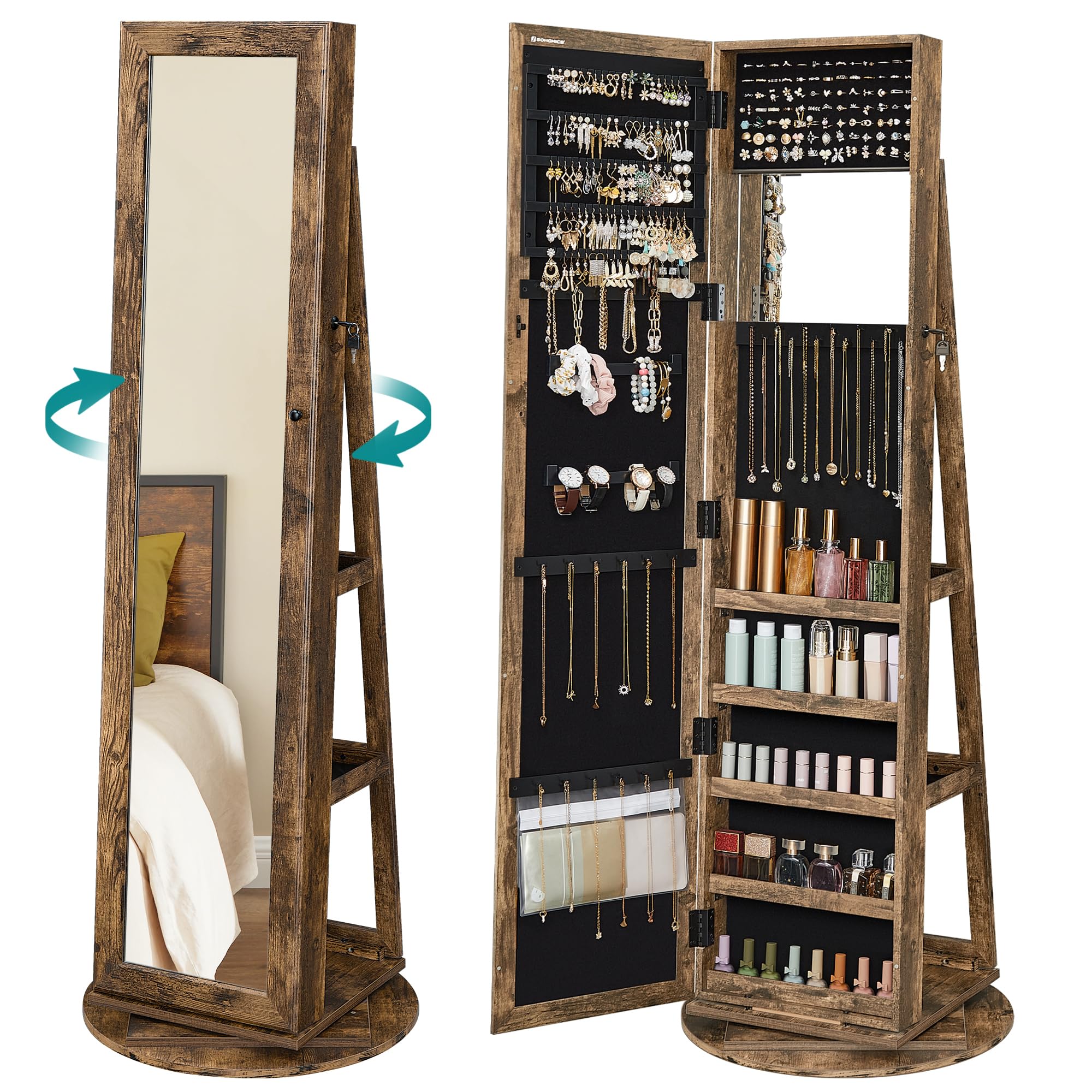 SONGMICS Schmuckschrank, Spiegelschrank, mit Ganzkörperspiegel, um 360° drehbar, Schmuckaufbewahrung, abschließbar, mit Schlüsseln, Schlafzimmer, Geschenkidee, vintagebraun JJC062K01