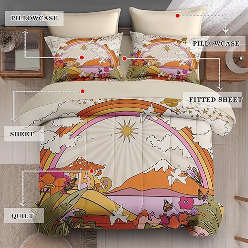 Miniatura 33 de Juego de edredón con 2 fundas de almohada, tamaño matrimonial, diseño de hongo hippy y arco iris, decoración de cama retro de los años 70, hippie,