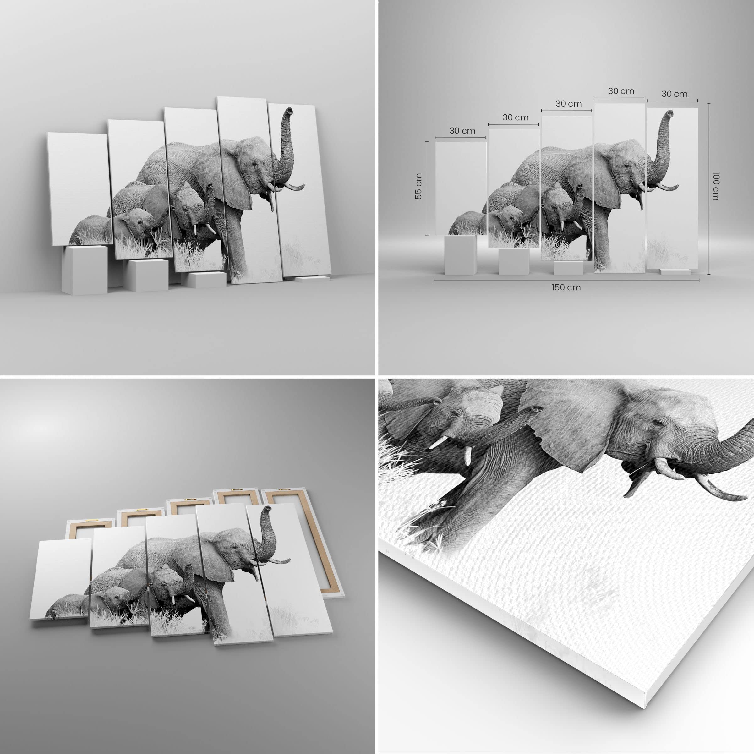 Animal Elefante Colorido Cuadro Sobre Lienzo 5 Piezas Arte Sin Marco 150 X 100 Cm Cuadros Modernos Impresión De Imagen Artística- Cuadros Decoracion Salon Grandes Cuadros Para Dormitorios Modernos