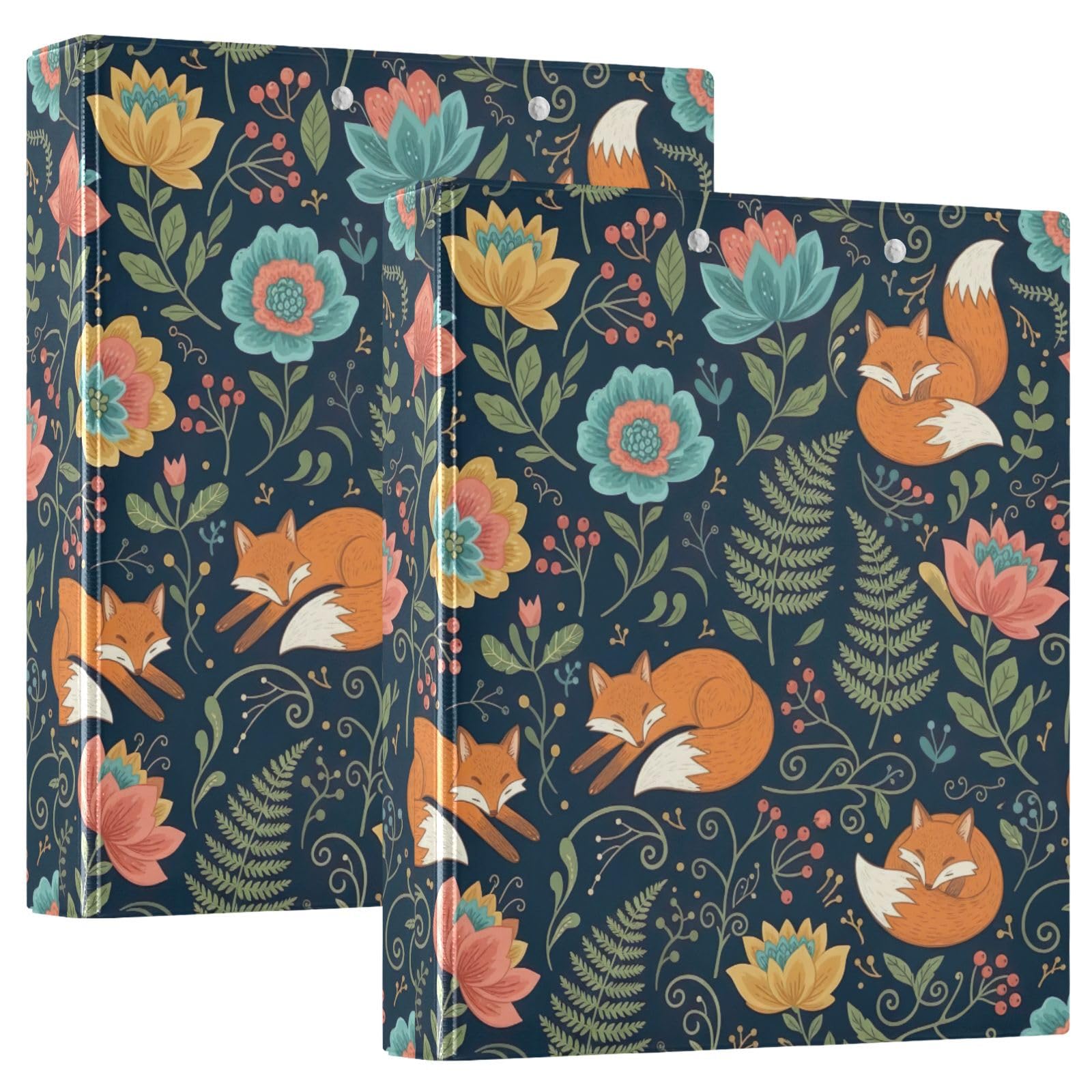 Raccoglitore a 3 anelli, vintage, motivo floreale, volpe, blu navy, confezione da 2