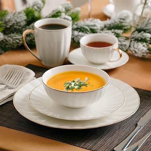 Miniatura 7 de BTaT - Tazones de porcelana blanca con borde dorado, juego de 6, 16 onzas, cuencos profundos para cereales, ensalada, sopa