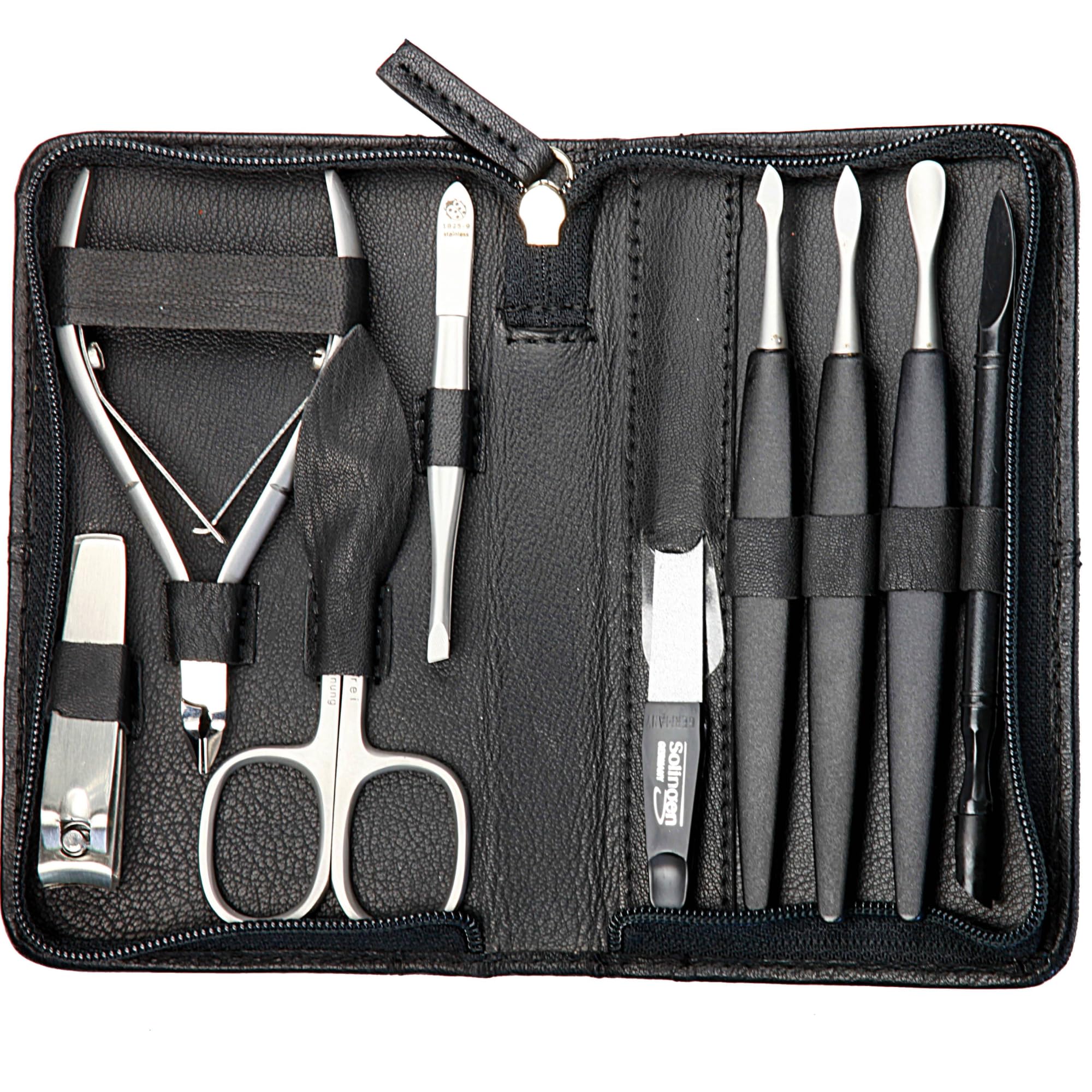 Sonnenschein by Hans Kniebes - Maniküre Set 9-teilig - Nagelschere, Hautzange, Knipser, Feile, Pinzette, Nagelhautdrücker, Nagelmesser/-reiniger, Hufstab - Maniküre-Etui aus Nappa-Schafleder schwarz