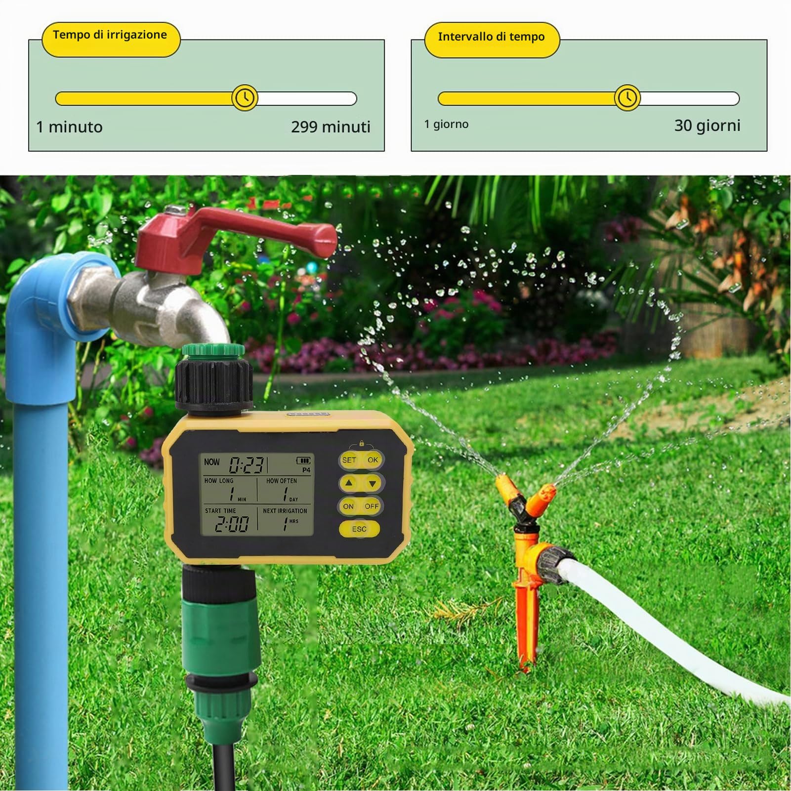 Timer di Irrigazione del Pannello Solare, Timer D'acqua Intelligente con Sensore Pioggia, Controller di Irrigazione Valvola di Irrigazione Automatica per Prato Tubi Giardino