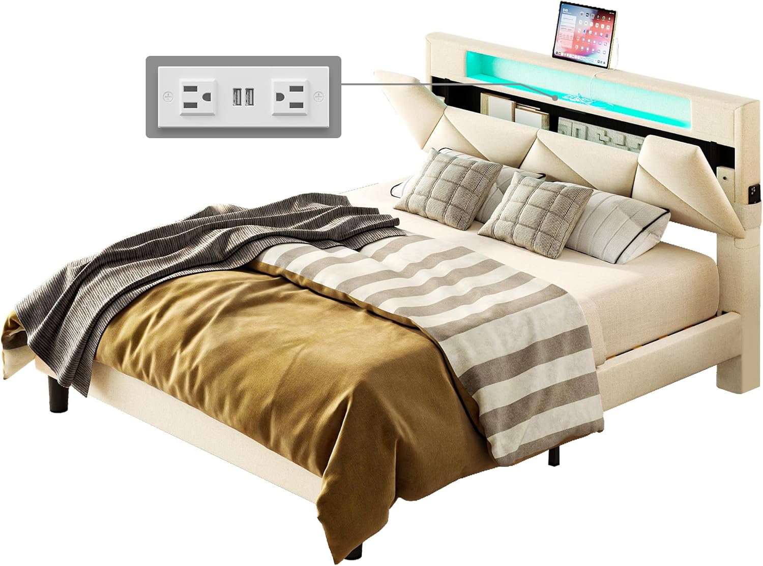 Bed frame with a close-up inset of the integrated power outlets and USB ports on the headboard.