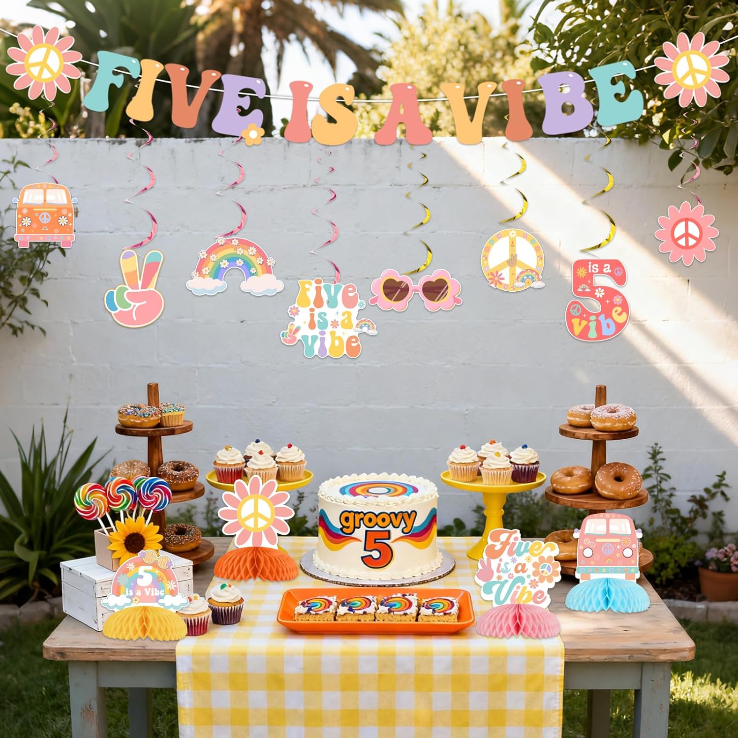 Five is a Vibe Birthday Party Decorations for Girls Groovy 5th Birthday Banner Hanging Swirls Honeycomb Centerpieces for Retro Hippie 60s 70s Five Year Party Supplies