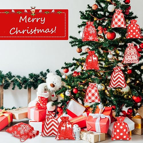 Miniatura 4 de 24 bolsas de Navidad, pequeñas bolsas de regalo de arpillera con cordón de 3.9 x 5.5 pulgadas, bolsas de dulces rojas y blancas, bolsas de