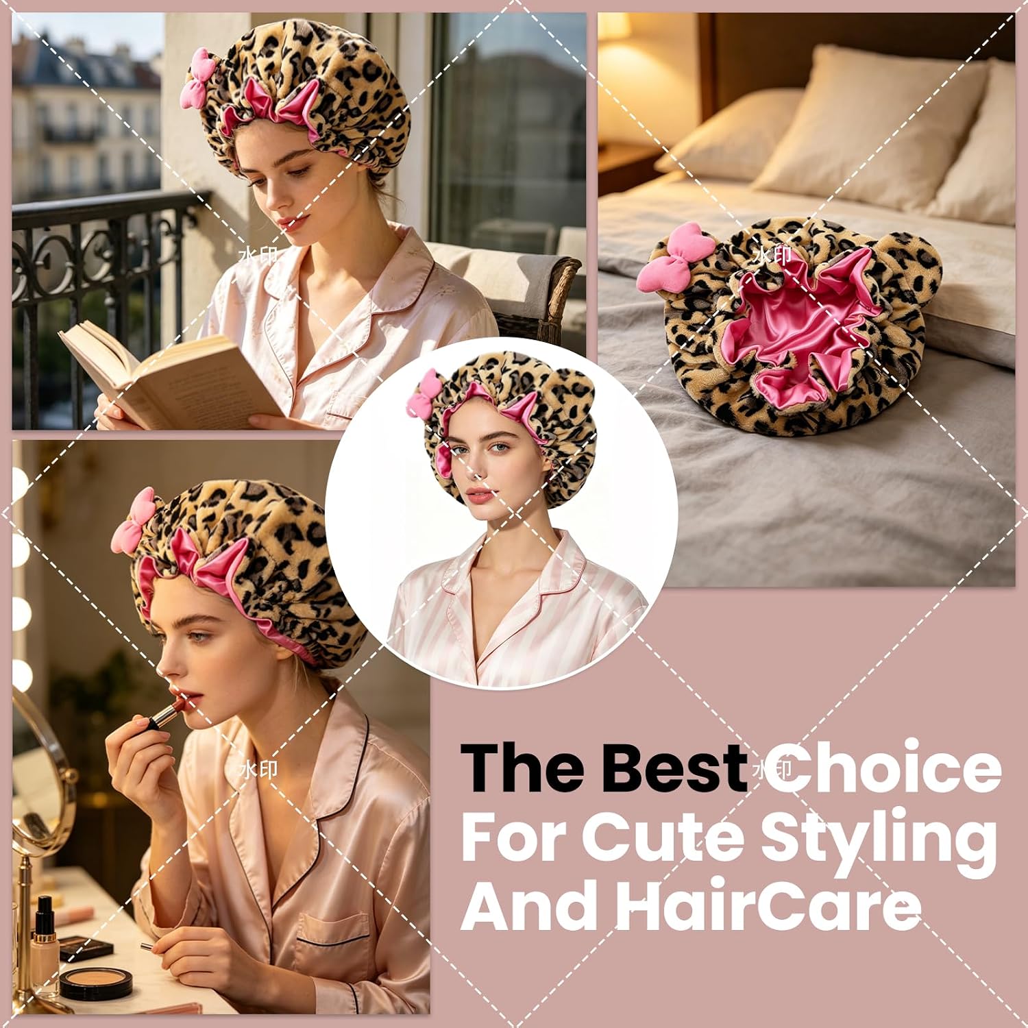Cute Animal Ears Sleep Cap with Satin Lining Adjustable Plush Hair Bonnet for Women Soft Night Hat with Bow Leopard Print