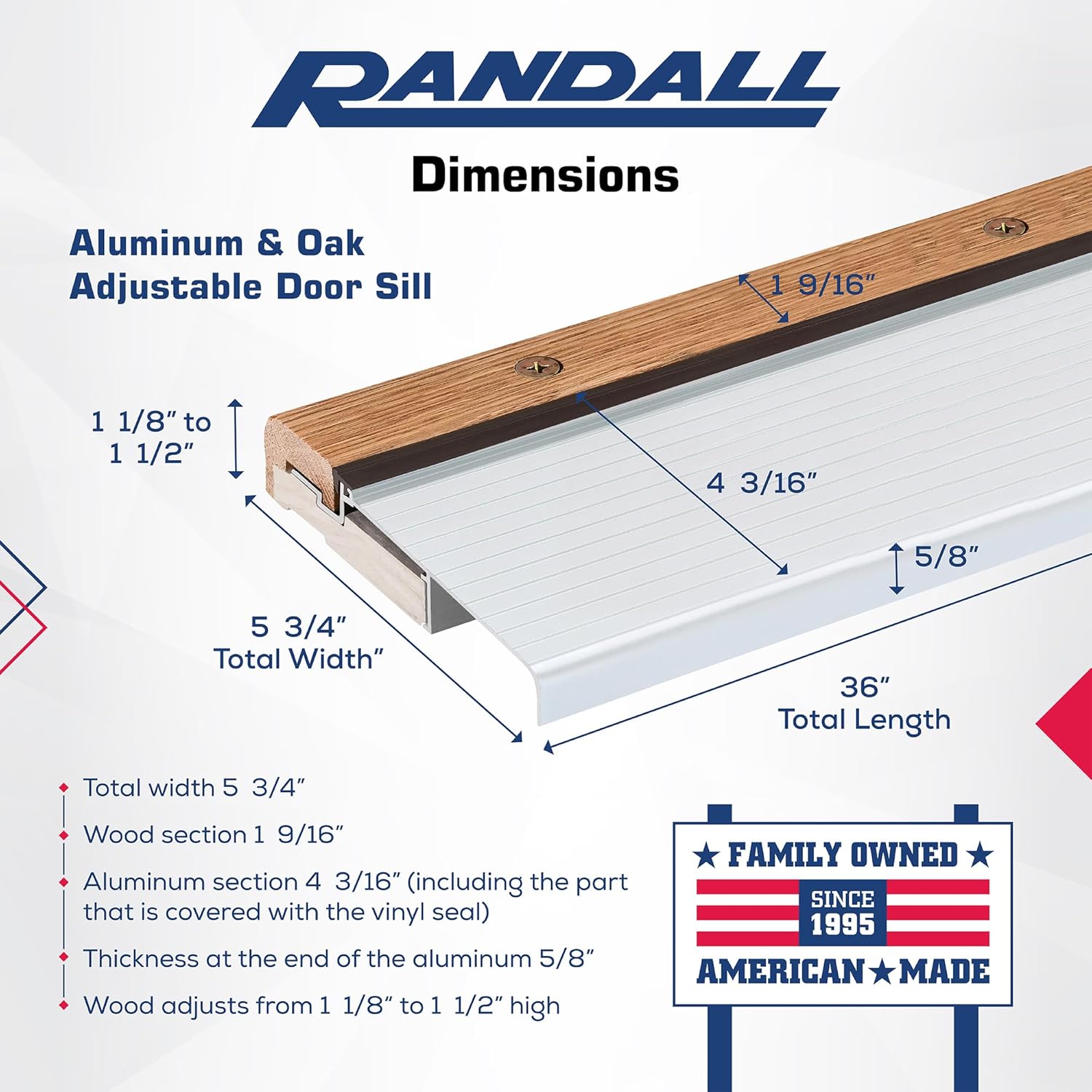 Exterior Inswing Threshold | Oak & Aluminum Adjustable Sill with Wood Base | 5 3/4” Wide | 3 Feet Long | Adjusts from 1 1/8” to 1 1/2” High | Silver Aluminum | Primed Wood Base