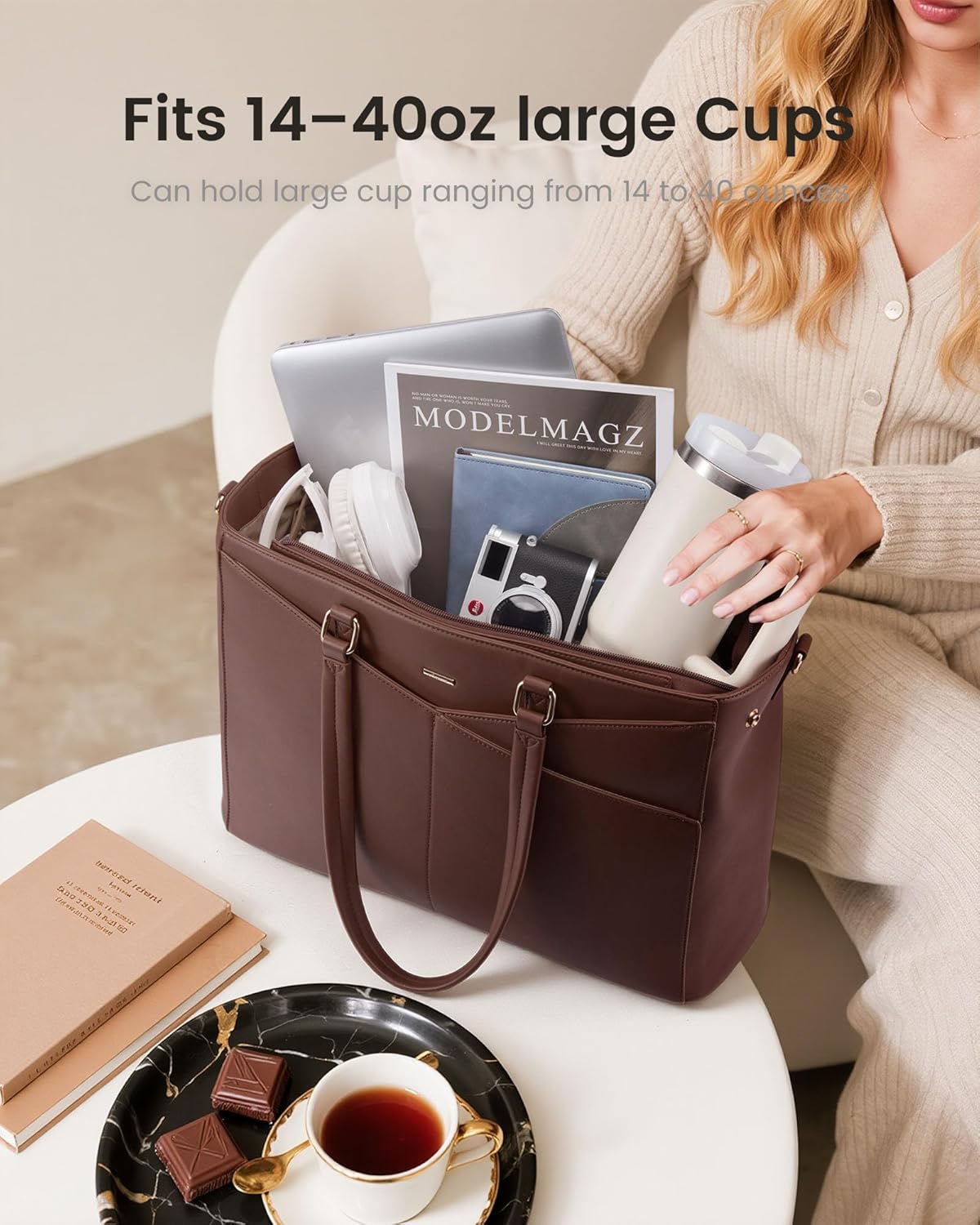 LOVEVOOK Lunch Tote Bag for Women, 3 in 1 Work Bag with Leakproof Cooler Compartment, Laptop Bag with Large Cup Holder for Office, College, Casual, Retro Brown - Image 6