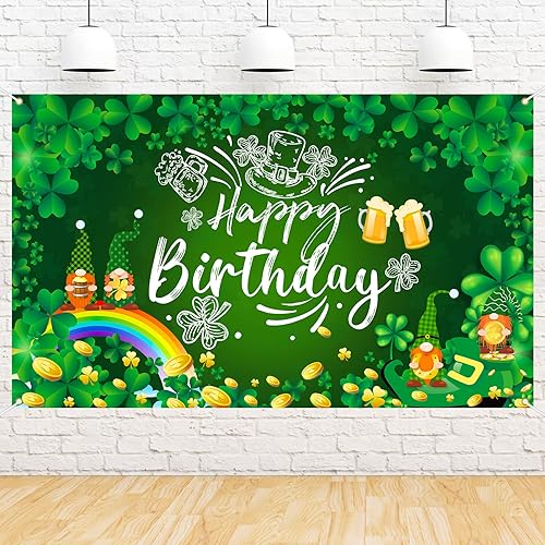 Ushinemi Decoraciones de cumpleaños del día de San Patricio pancarta de fondo de feliz cumpleaños del día de San Patricio trébol de la suerte fondo