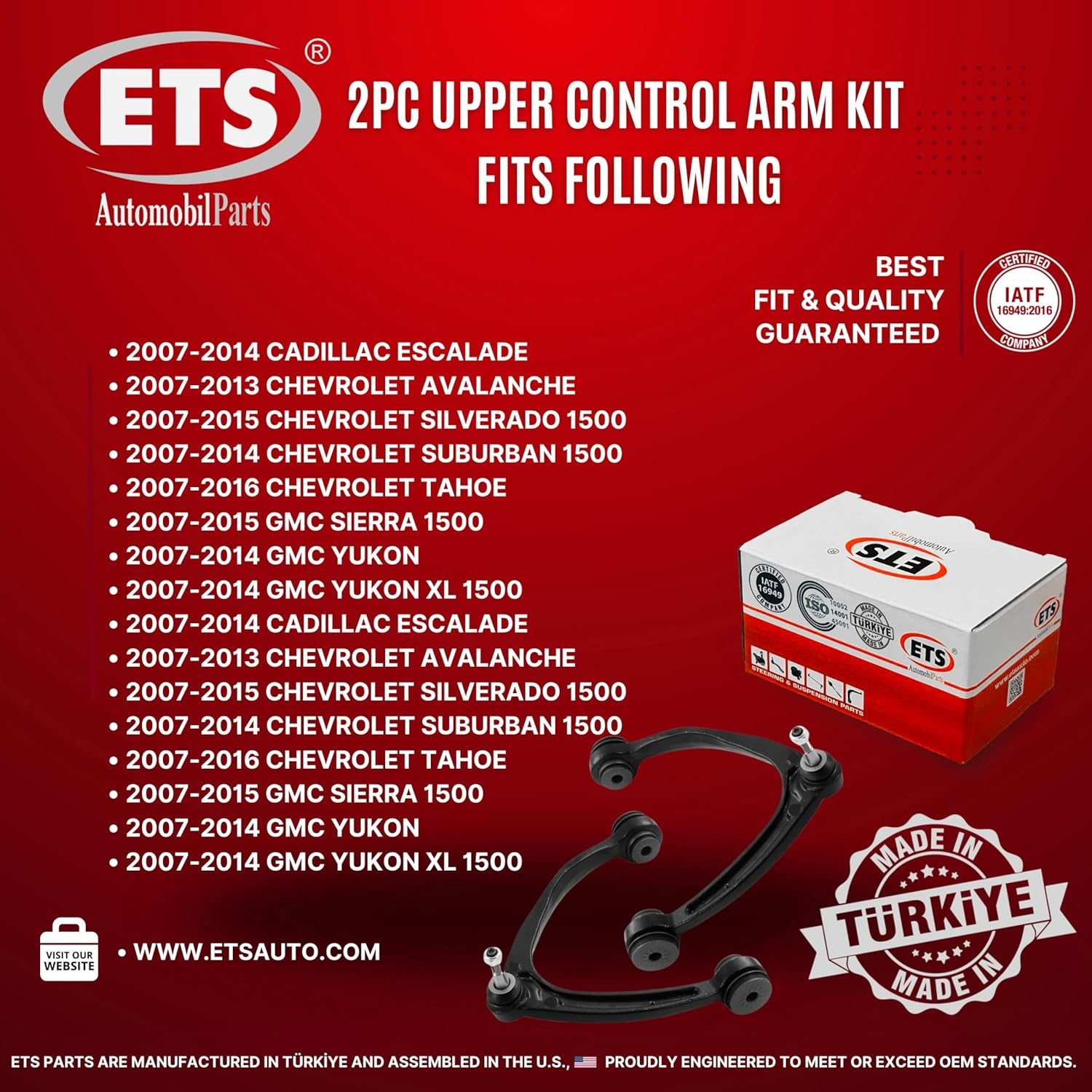ETS 2Pc Left & Right Upper Control Arm Kit RK80670 & RK80669 Fits 07-14 Cadillac Escalade 07-14 Escalade ESV, 07-13 Escalade EXT, 07-15 Chevrolet Silverado 1500, 07-13 Avalanche