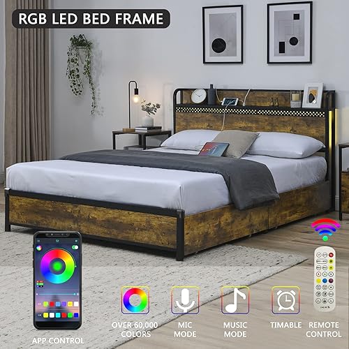 Miniatura 3 de Alohappy Full Size Bed Frame with 4 Storage Drawers LED Bed Frame with Outlets and USB Ports Metal Platform Bed Frames Full with Headboard No Box