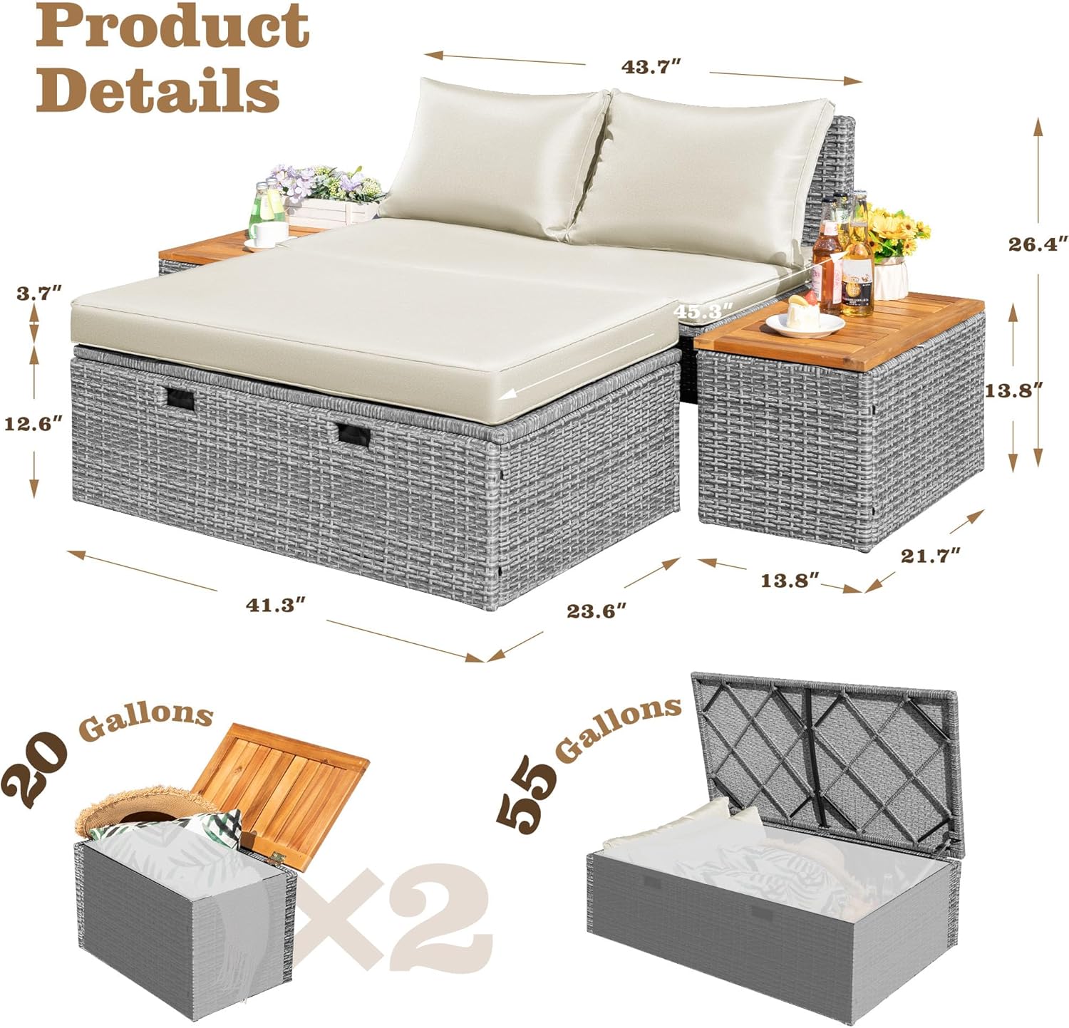 Flamaker Outdoor Rattan Daybed with 2 Side Tables, Multifunctional Wicker Patio Sofa with Storage Ottoman, Cushions, Sunbed Wicker Furniture Chaise Lounge Chair for Backyard Porch Poolside(Beige)