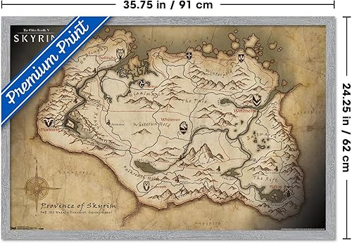 Vista 9 de The Elder Scrolls V: Skyrim - Póster de pared de mapa, 34 pulgadas de largo x 22.4 pulgadas de ancho, versión enmarcada de madera de granero Versión