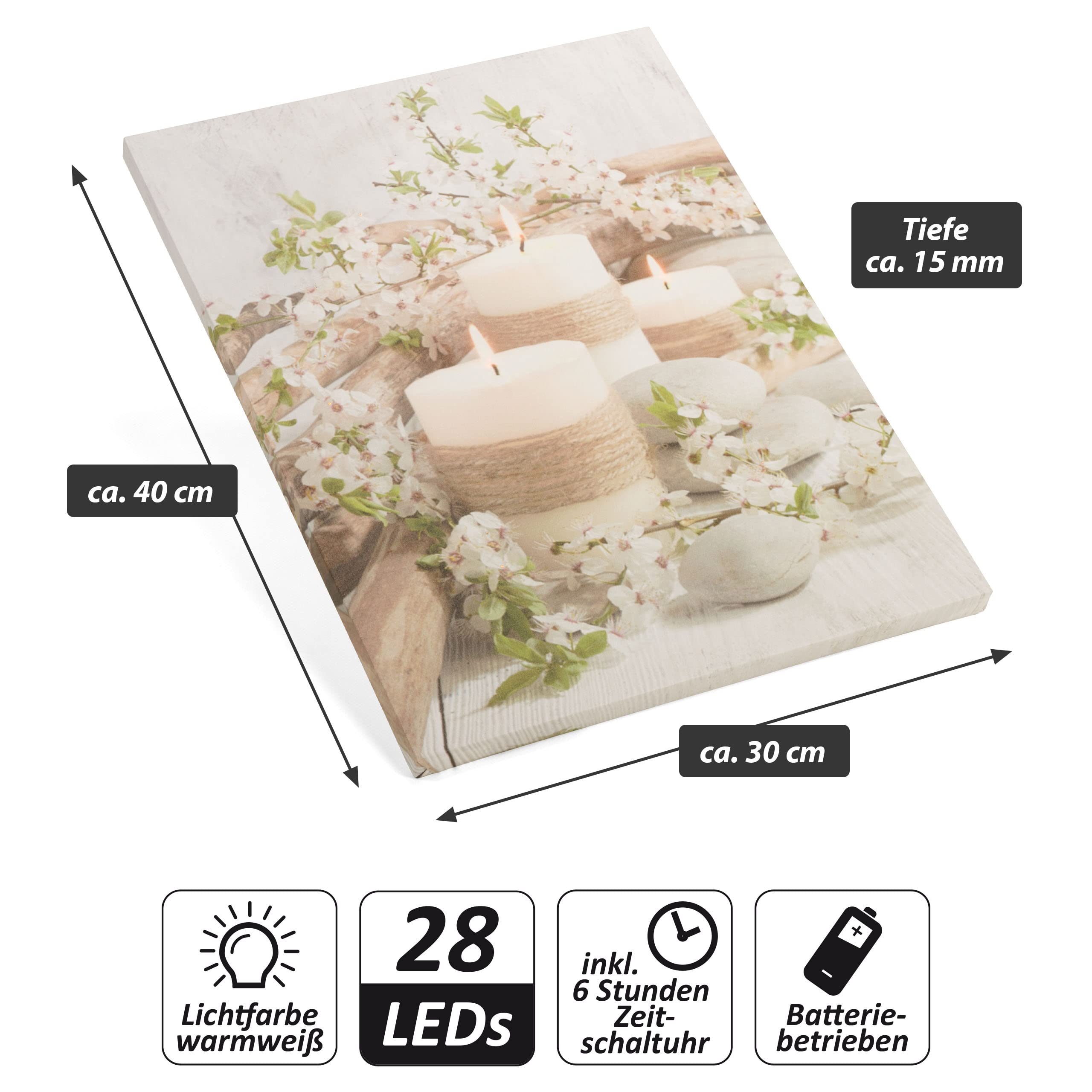 Nexos Trading LED Wandbild Leinwandbild mit Beleuchtung Timer Fotodruck Kerzen Arrangement 30x40 cm Kunstdruck Leuchtbild 3 warmweiße Flacker Effekt LED Wellness 30 Glasfaser