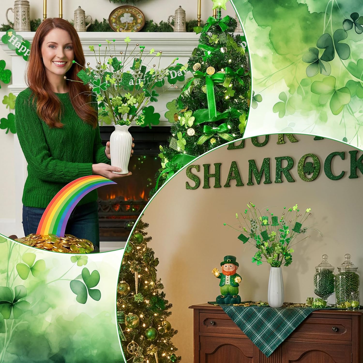 Thiccywoov 12 Pcs St. Patrick's Day Shamrock Berry Stems Decor Tree Glitter Stems Ornaments for DIY Holiday(Green,Shamrock)