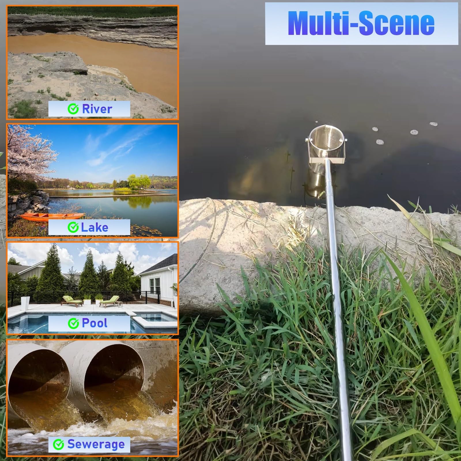 Kit de muestreo de agua con poste telescópico y vaso de precipitados de doble escala para pruebas ambientales