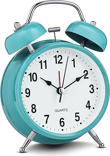 Bernhard Products Reloj despertador analógico de 4 pulgadas, doble campana, color azul, silencioso, sin tictac, de cuarzo, funciona con pilas, extra