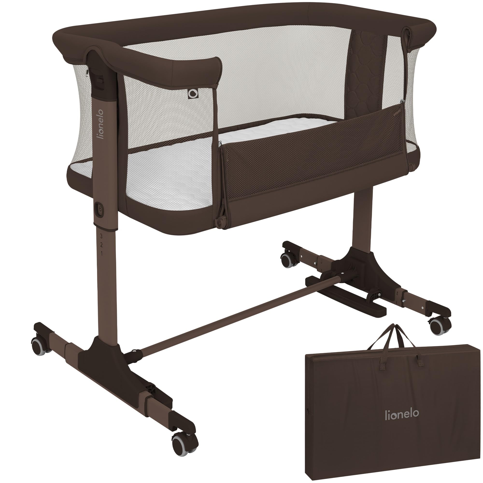 lionelo PARI Culla Co Sleeping Fianco Letto 3 in 1, Regolabile in Altezza 6 Livelli, Materasso T25 2 cm, Ruote con Blocco e Dondolo, Gambe Regolabili per Letto Continentale, Rivestimento Lavabile - 2