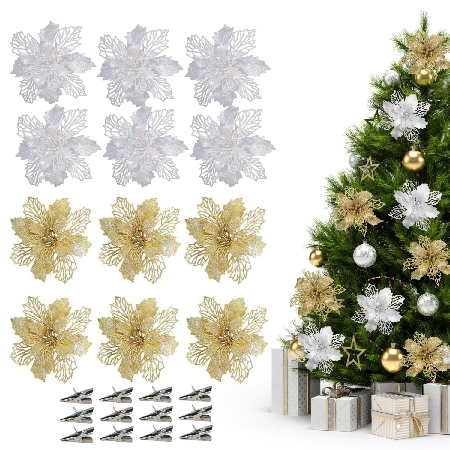 10 adornos de Navidad con purpurina, decoración de árbol de Navidad con purpurina, flores artificiales brillantes, decoración de flores de Navidad, adornos para árbol de Navidad para manualidades,