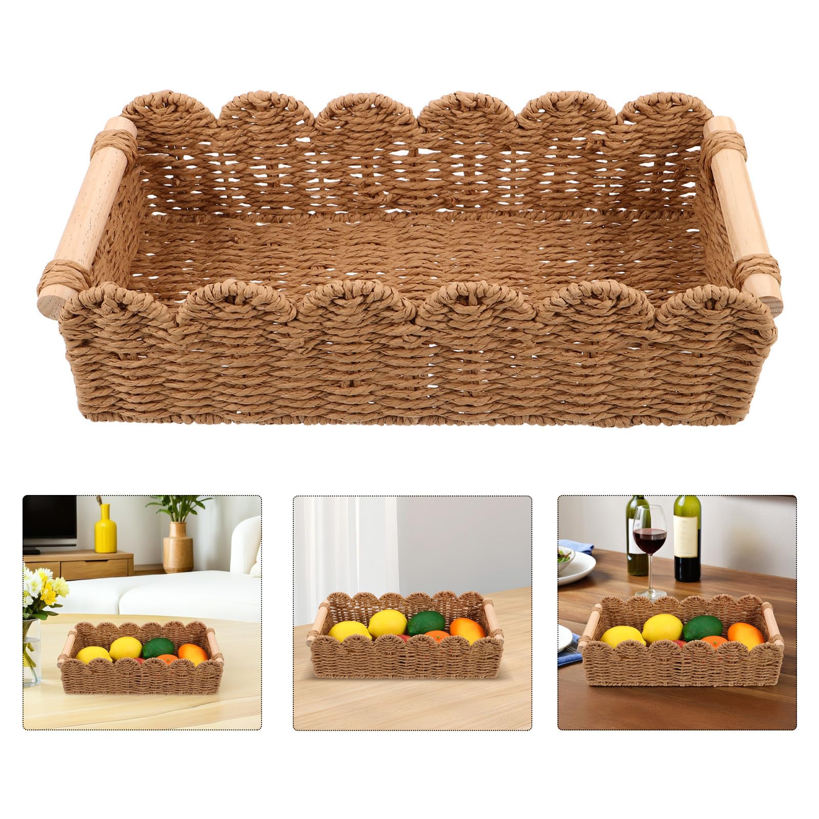 PACKOVE 2 Piezas Cesta de Almacenaje Tejida a Mano para Papel Higiénico, con Mango de Madera, Borde Festoneado, Marrón, Fibra de Papel y Madera, Transpirable, para Estante de Dormitorio