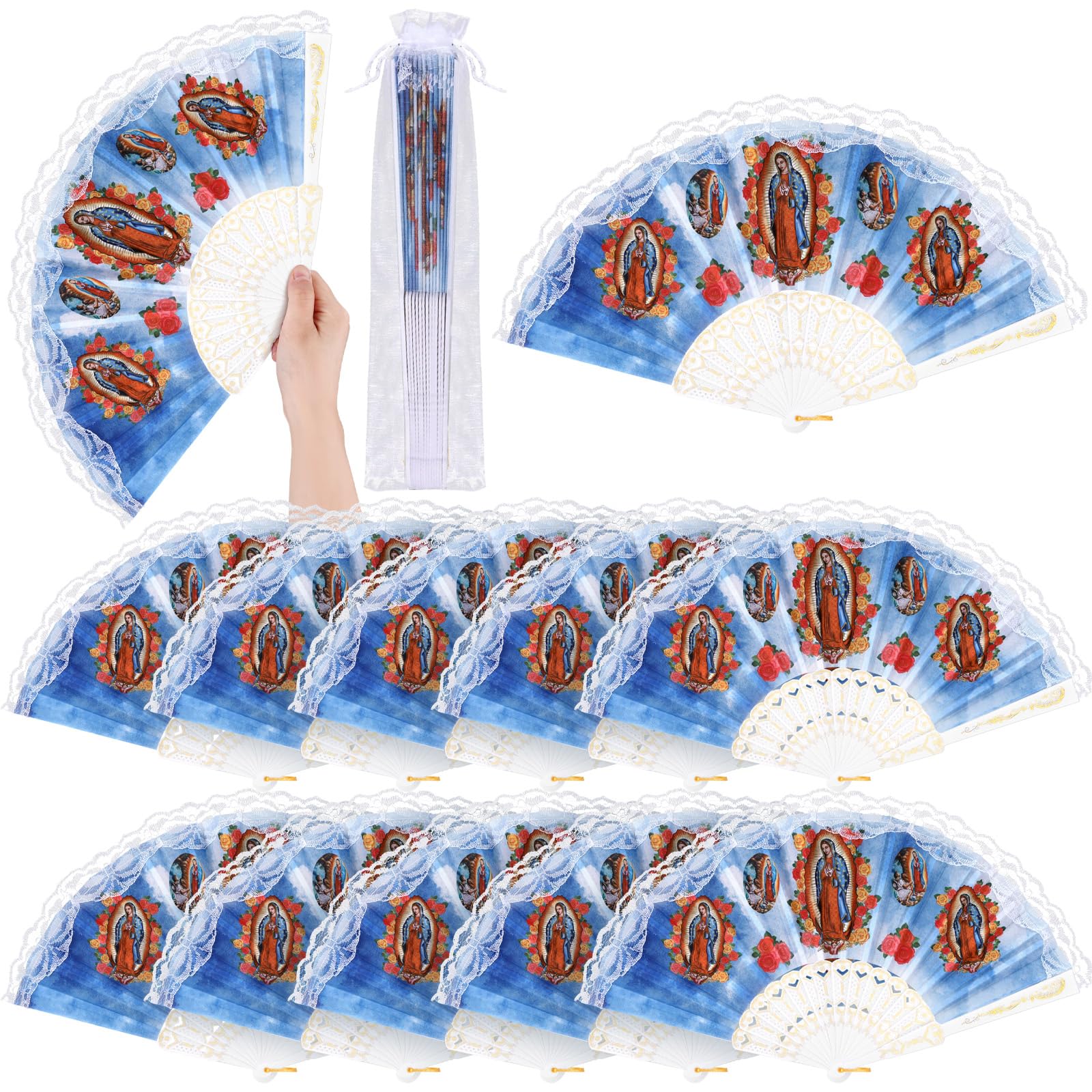 Éventails Notre-Dame de Guadalupe avec sacs organza pour communion | Lot de 12