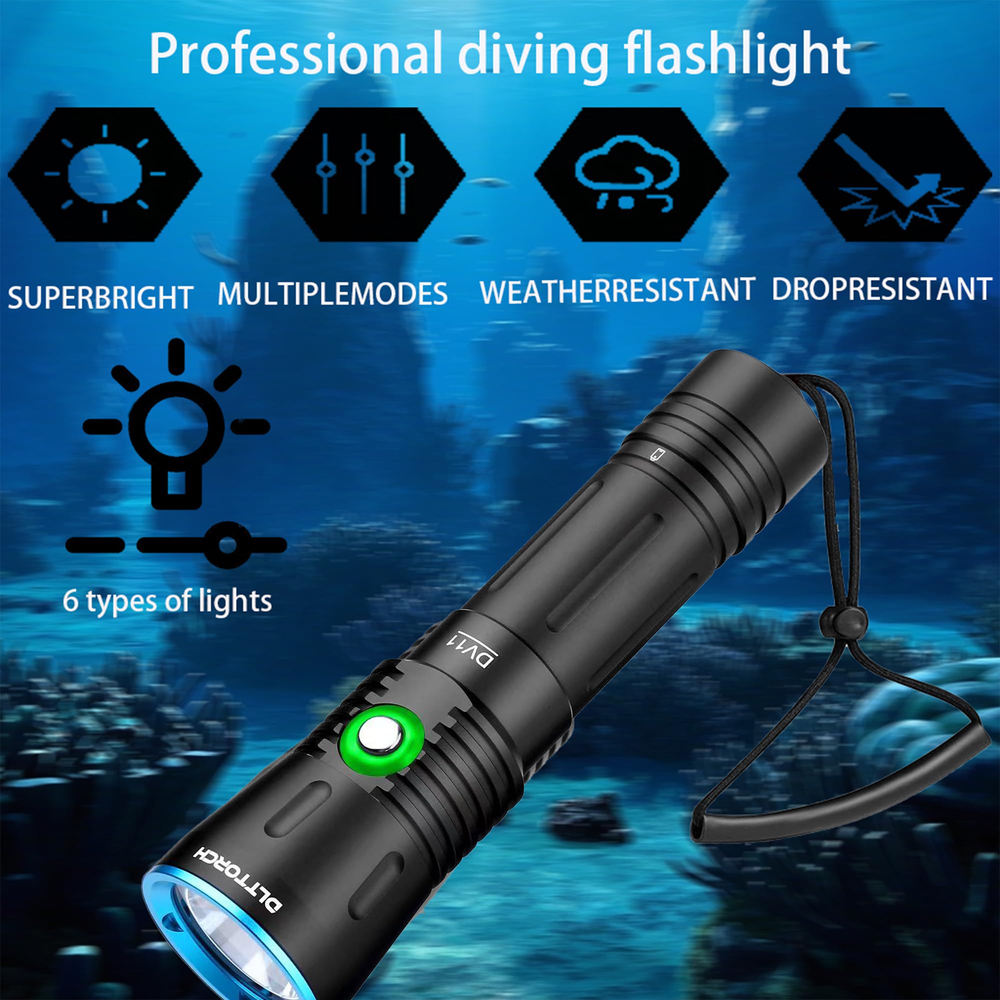 DLLTORCH Dive Lights 262ft Waterproof Diving LED Flashlight Underwater Submarine Light, Black Small LED Flashlight 3500Lumen Super Bright Dive Light for Diving, Camping, Hiking Safety at Night