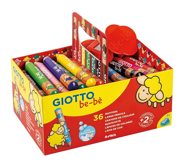 GIOTTO be-bè, Súper Lápices de Colores Lavables, Mina Gigante, 7mm, 12 colores surtidos con 3 maxi sacapuntas, 36 unidades