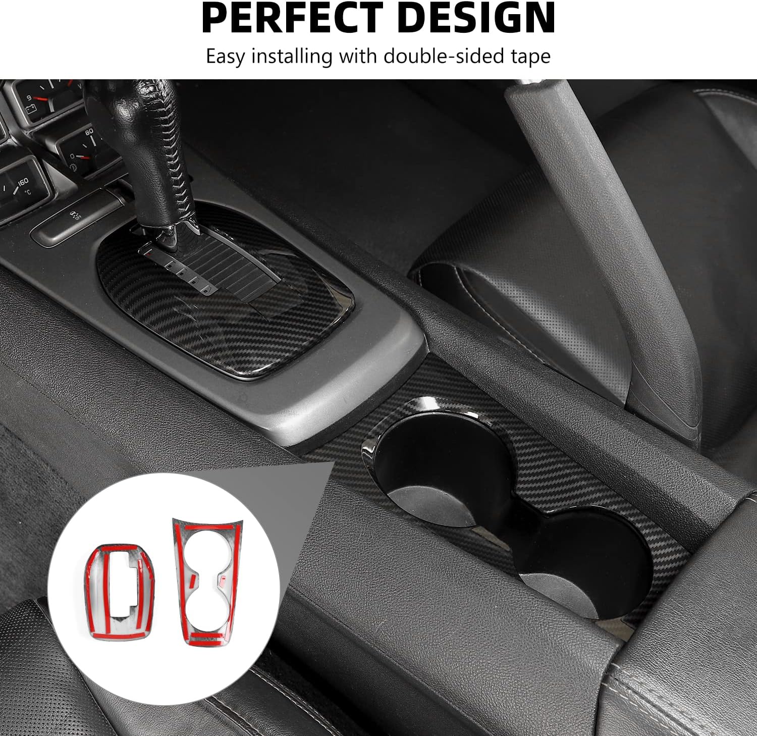 for Camaro Gear Shift Panel Cover, 2PCS Center Console Front Cup Holder Trim Compatible with 2010-2015 Chevrolet Chevy Camaro Interior Accessories, Carbon Fiber