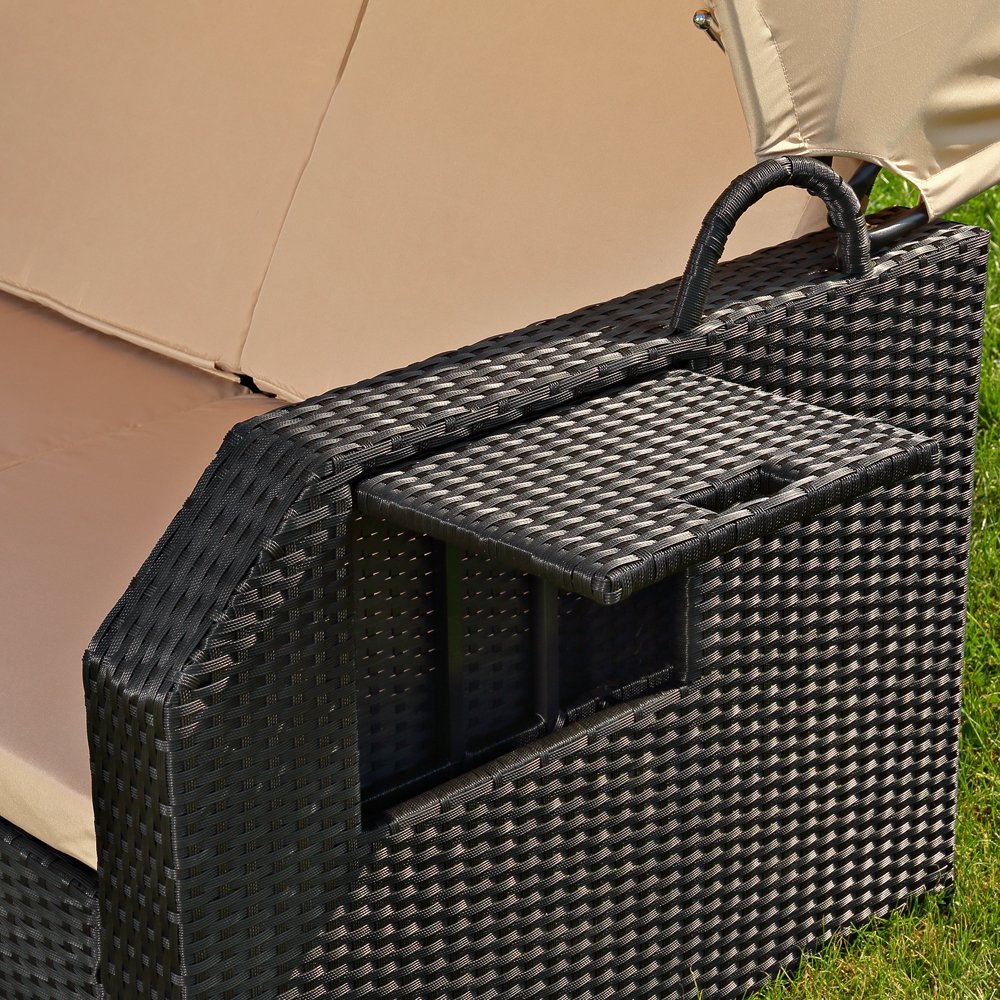 Melko Sonnenbett/Strandkorb/Lounge aus Polyrattan, Schwarz, inkl. klappbaren Seitentisch +verstellerbarer Rückenlehne + Faltbare Sonnenschutzdach