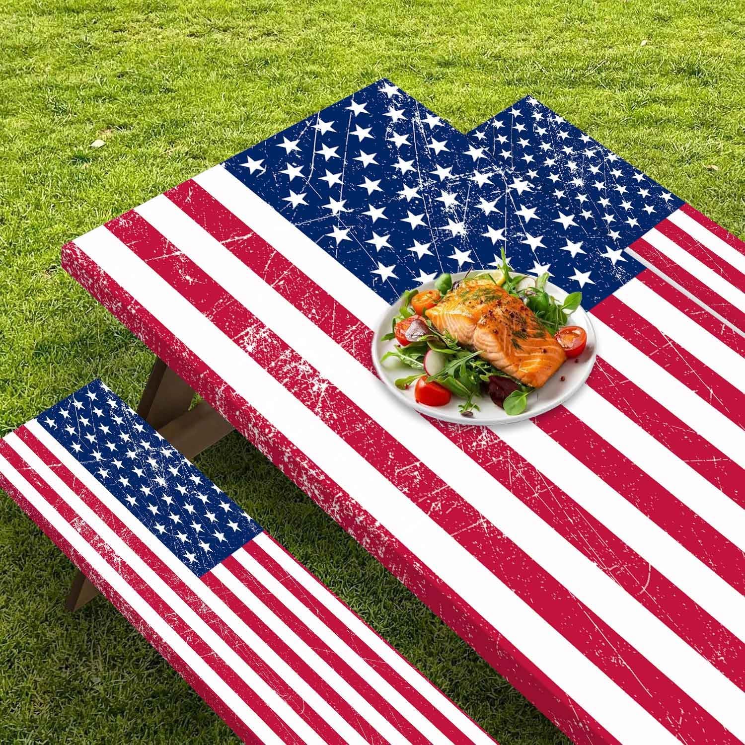 CAPSCEOLL 4Th of July Fitted Picnic Table Cover with Bench Covers 8Ft Waterproof Camping Tablecloth Outdoor Table Protector with Drawstring Bag for Camping Essentials, 96X30In, American Flag